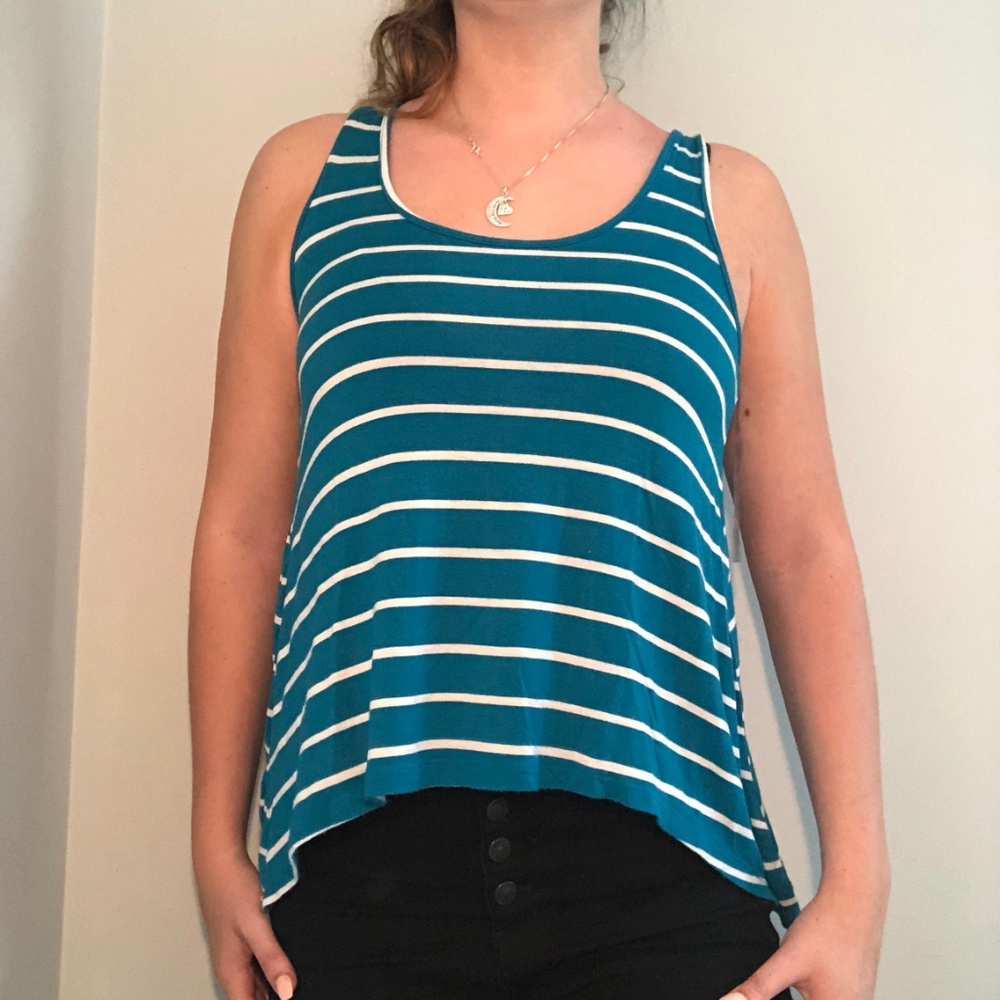 blue and white striped tank top